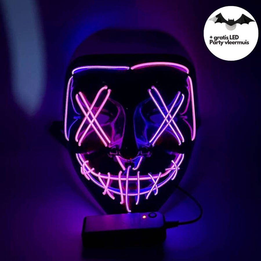 Halloween LED Masker Purge Paars Roze + Gratis LED Party vleermuis