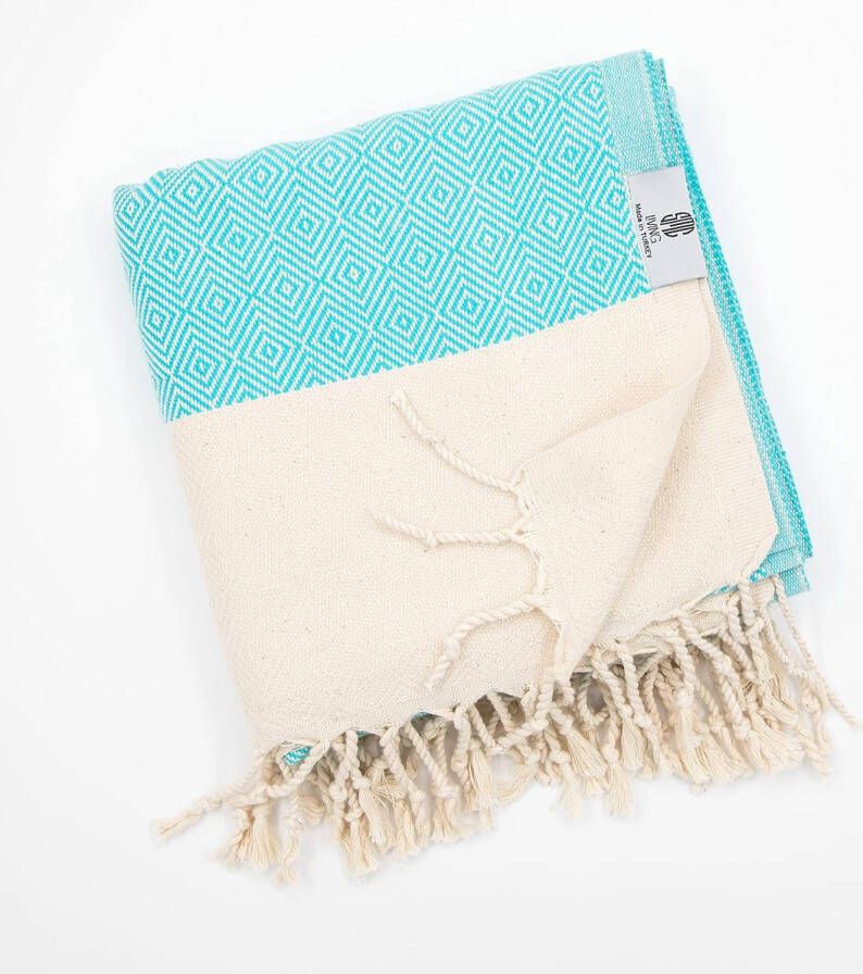 Hammam Handdoek 190 x 100 cm 500 g Pesthemal Strandhanddoek Saunahanddoek Badhanddoek Sportshanddoek Yogahanddoek Reishanddoek Picknickdeken Pareo Handdoek Ligdeken (Turquoise Beige)