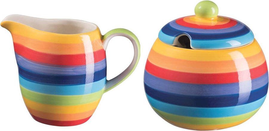 Handbeschilderde suikerpot en kannetje in set met regenboogstrepen