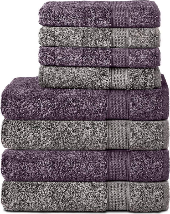Handdoeken 100% katoen 4 badhanddoeken 70 x 140 cm en 4 handdoeken 50 x 100 cm badstof zacht groot antracietgrijs paars set van 8