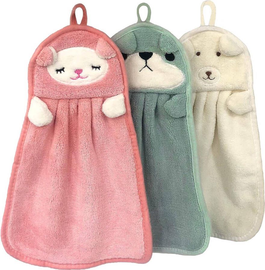 Handdoeken voor kinderen kinderhanddoek handdoekenset met ophanglus diermotief absorberend sneldrogend voor badkamer keuken 3 stuks (wit roze groen)