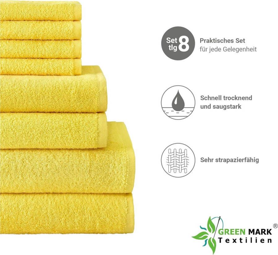 Handdoekenset 8-delig badstof in verschillende maten 4 gastendoekjes 2 handdoeken 2 douchehanddoeken geel 100% katoen