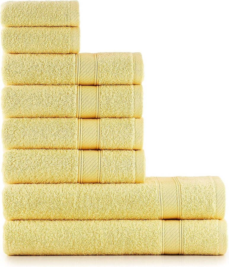 Handdoekenset geel 8 stuks 2 x badkamerhanddoek 70 x 140 cm en 4 x handdoek 50 x 90 cm en 2 x gastendoekjes 30 x 50 cm handdoekenset voor de badkamer 100% katoen wollig delicaat luxe badspullen