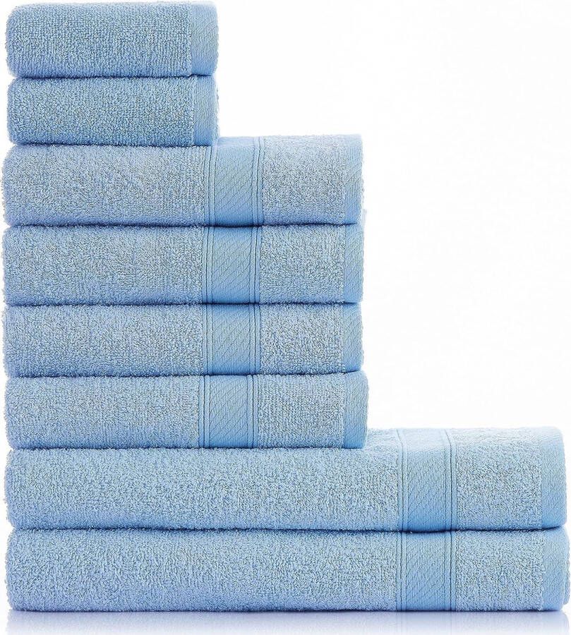 Handdoekenset lichtblauw 8-delig 2 badhanddoeken 70x140 + 4 handdoeken 50x90 + 2 gastendoekjes 30x50 handdoek met hanger 100% katoen absorberend zacht luxe hemelsblauw