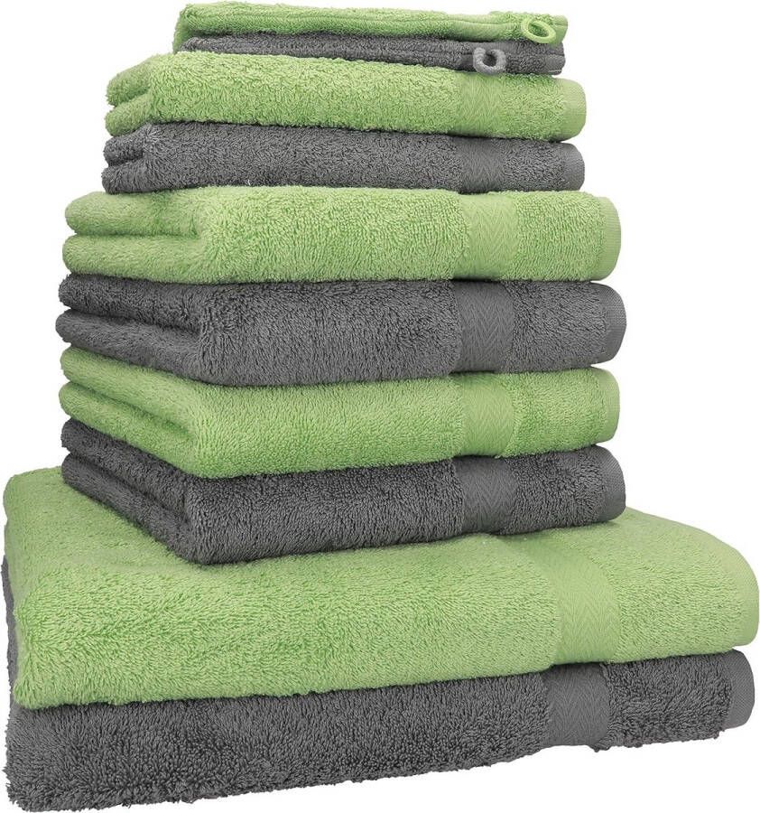 Handdoekenset premium 100% katoen 2 douchehanddoeken 4 handdoeken 2 gastendoekjes 2 washandjes kleur antraciet & appelgroen