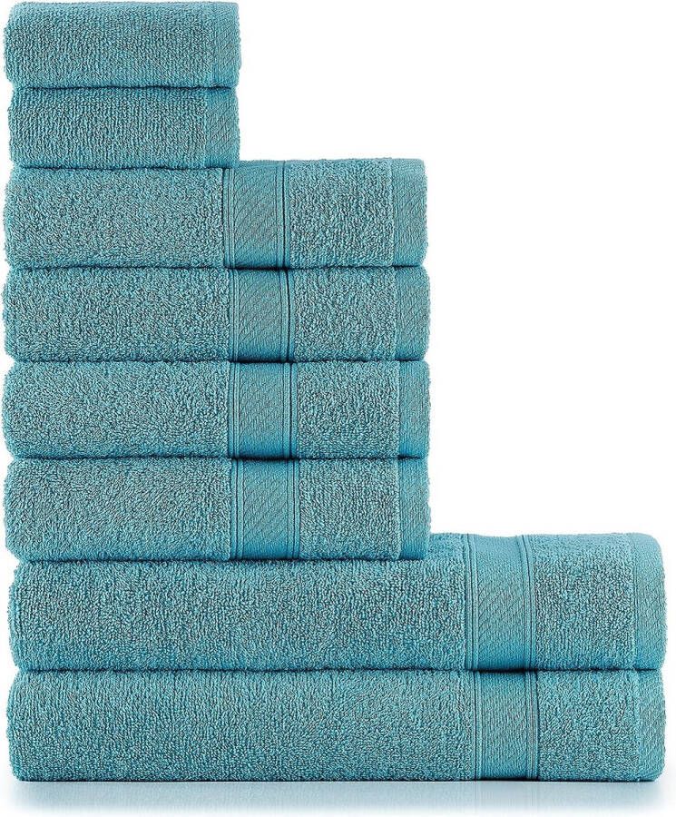 Handdoekenset turquoise met hangers katoen 2 badhanddoeken (70 x 140 cm) 4 handdoeken (50 x 90 cm) en 2 gastendoekjes (30 x 50 cm) zacht en absorberend