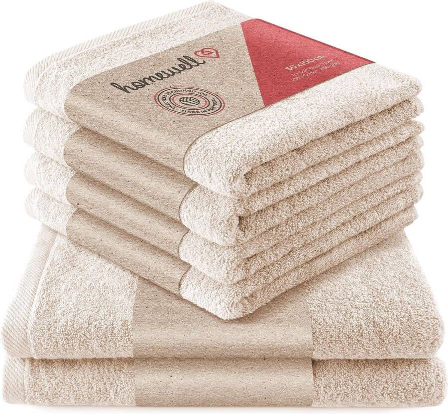 Handdoekenset Zacht en absorberend 100% katoen Oeko-Tex 100 gecertificeerd (2 badhanddoeken + 4 handdoeken beige)