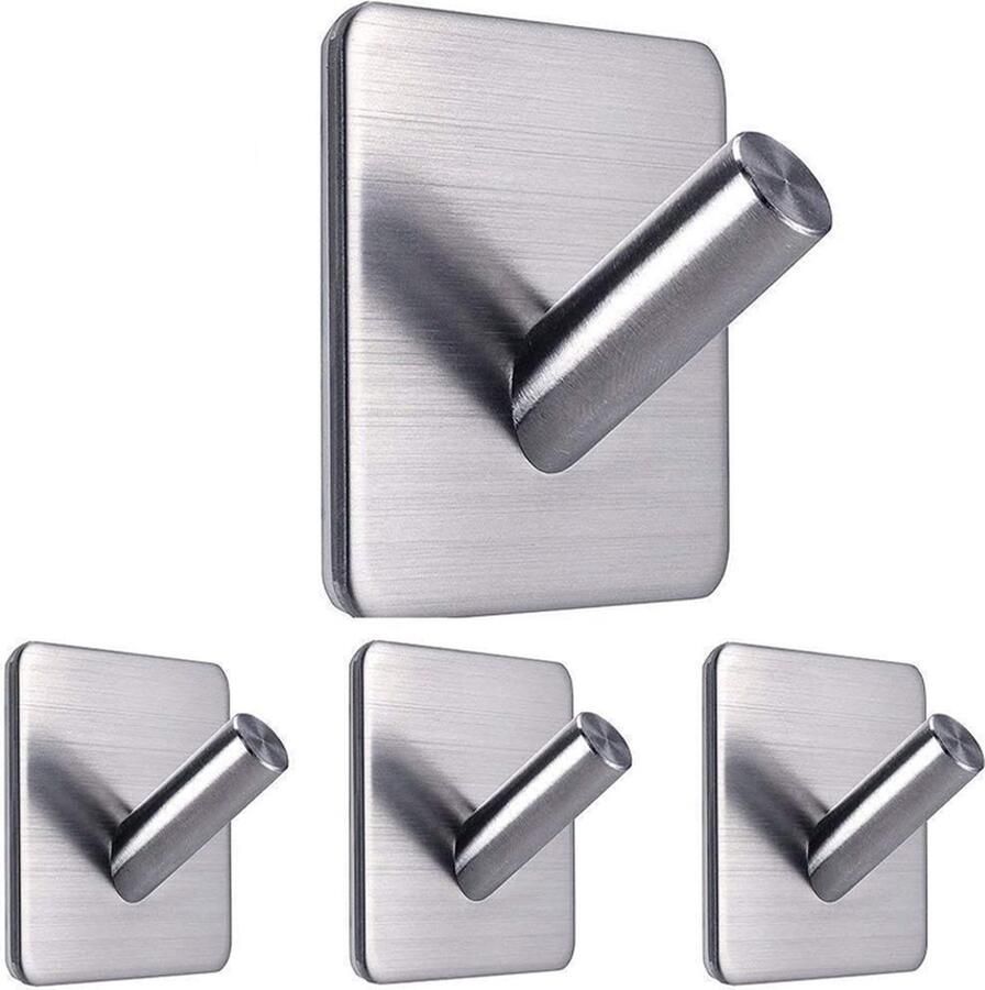Handdoekhaakjes – Zelfklevende Haakjes – RVS Ophanghaakjes – Ultra Sterke Plakhaakjes – 4 Stuks – Zilver Geen ponshaak Kledinghaak achter deur Metalen kapstokhaak Schuine haakstijl