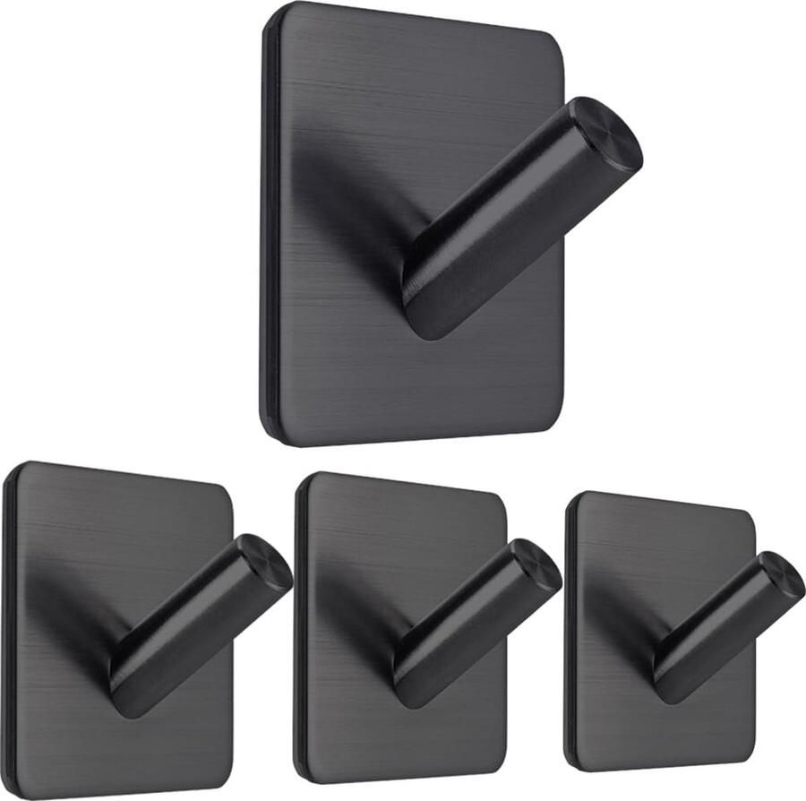 Handdoekhaakjes – Zelfklevende Haakjes – RVS Ophanghaakjes – Ultra Sterke Plakhaakjes – 4 Stuks – Zwart Geen ponshaak Kledinghaak achter deur Metalen kapstokhaak Schuine haakstijl