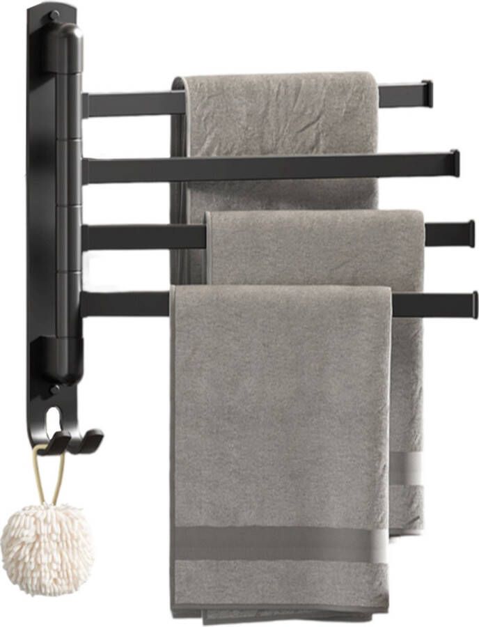 Handdoekhouder Handdoekrek Draaibaar 4 Delig Zwart Badkamer Keuken Aluminium Handdoekstang Badkamer accessoires Muurbevestiging Modern H26 x L36 x 2 5