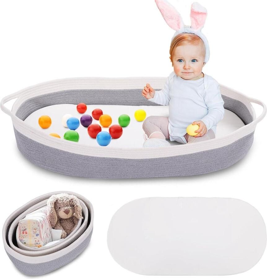 Handgemaakte Babycommode Set Wikkelcommode Organizer Macramé Boho-Mosmand Katoenen Touw Draagbare Commode Waterdichte Onderlegger Bloemenonderlegger
