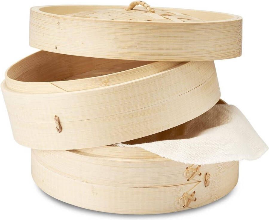 Handgemaakte Bamboe Stomer Mand Traditioneel 2-laags Ontwerp Voor Knoedels Rijst Dim Sum Groenten Vis en Vlees Incl. Katoenen Doeken 30cm
