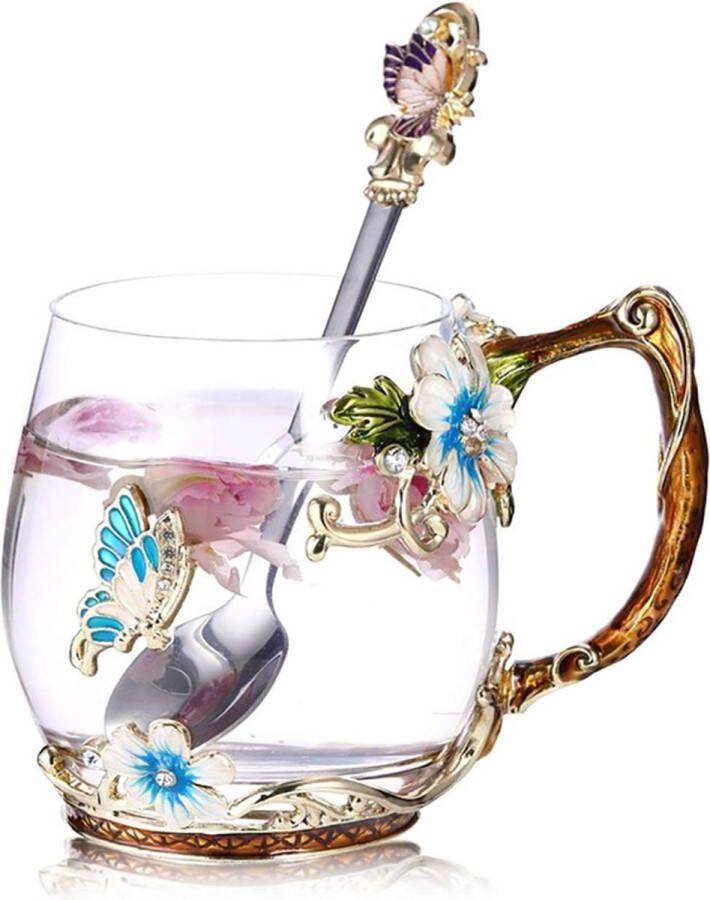 Handgemaakte emaille vlinder bloem glas koffie mokken thee kopje met lepel verjaardagscadeaus voor haar vrouwen moeder vrienden Moederdag (blauw)