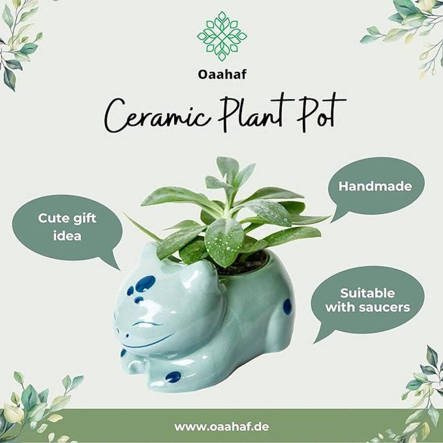 Handgemaakte keramische bloempot met ruimte voor schotel Geschikt voor cactussen mini-planten vetplanten decoratieve planten schattige bloempot in groen handbeschilderd en gemaakt