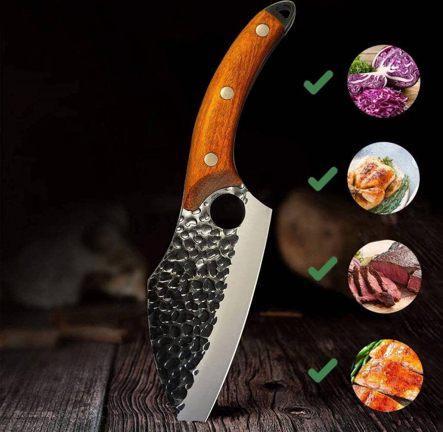 Handgemaakte keukenmessen professioneel koksmes langdurige scherpte Hoogwaardig koolstofstaal lemmet Ergonomisch houten handvat met lederen schede voor thuis op de camping BBQ