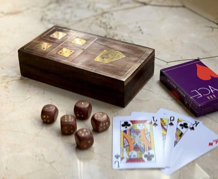 Handgemaakte Klassieke Houten Speelkaarthouder Deck Box Opbergkoffer Verjaardagscadeau Ideeën Met Dobbelstenen & Single Pack van Premium Kwaliteit 'Ace' Speelkaarten Geschenken Voor Hem Haar
