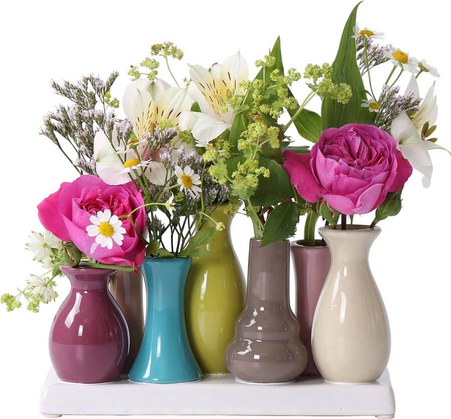 Handgemaakte kleine keramische decoratieve bloemenvazen set van 7 gekleurde vazen