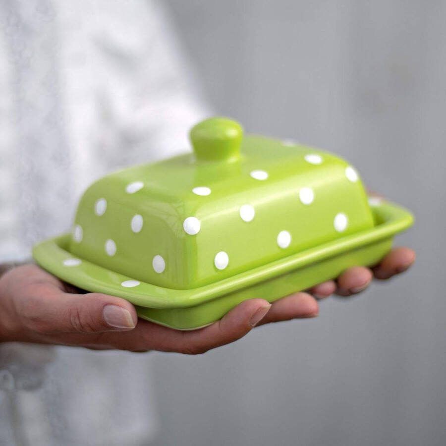 Handgemaakte Limoengroen en Wit Polka Dot Stippen Keramische Botervloot met Deksel