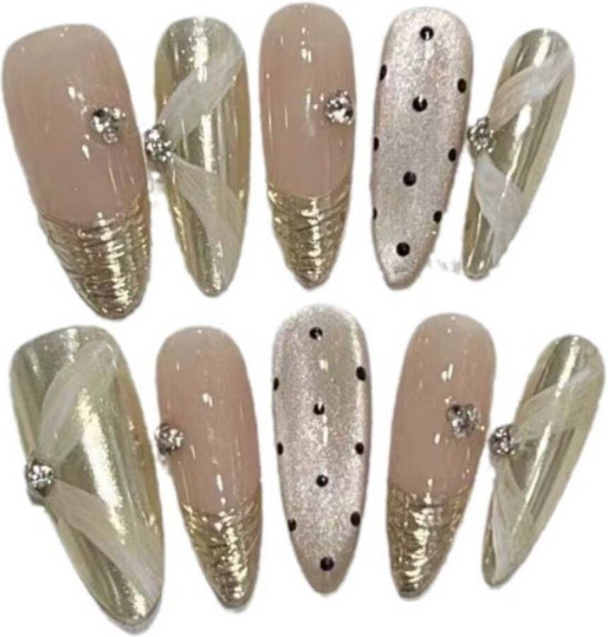 Handgemaakte naakt lint nail art cat eye polka dot afneembare kunstnagels
