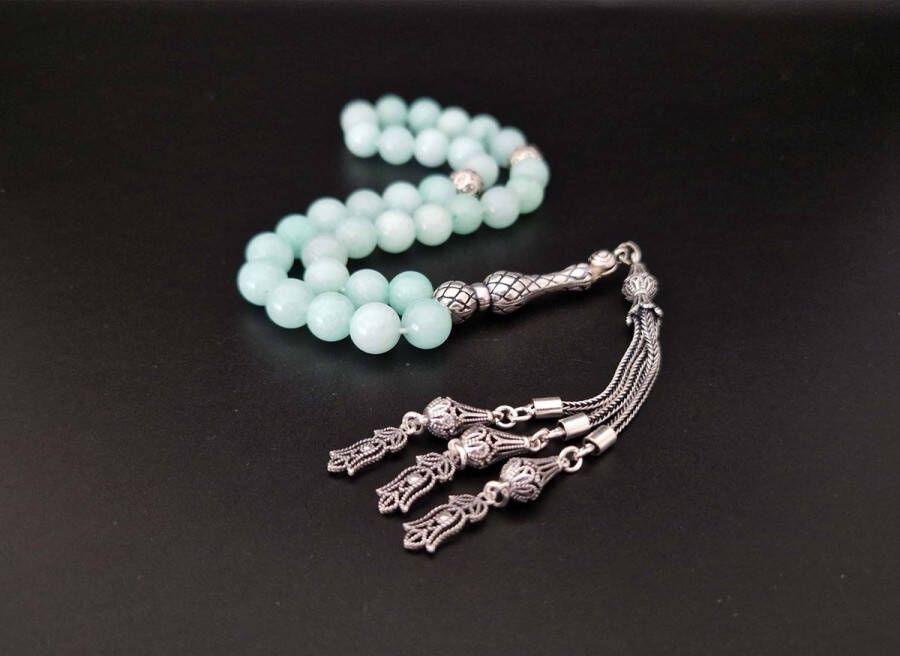 Handgemaakte natuursteen tesbih met Klauw tassel 925 zilver AAA Amazonium met 925 Zilver Kwastjes Narcissus steeg Aantal kralen 33 Diameter kralen 8MM