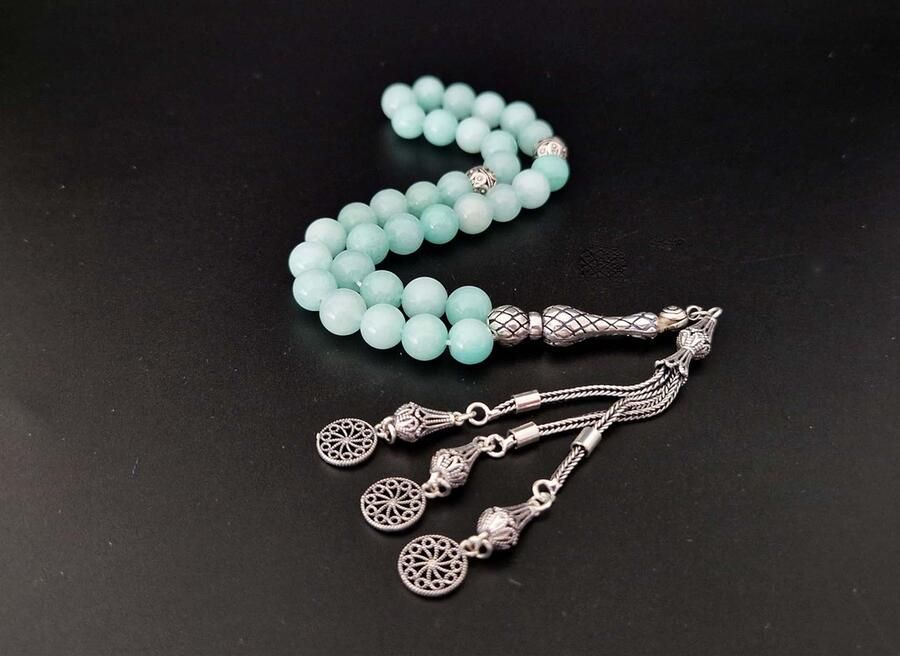 Handgemaakte natuursteen tesbih met Klauw tassel 925 zilver AAA Amazonium met 925 Zilver Kwastjes Cirkels Aantal kralen 33 Diameter kralen 8MM