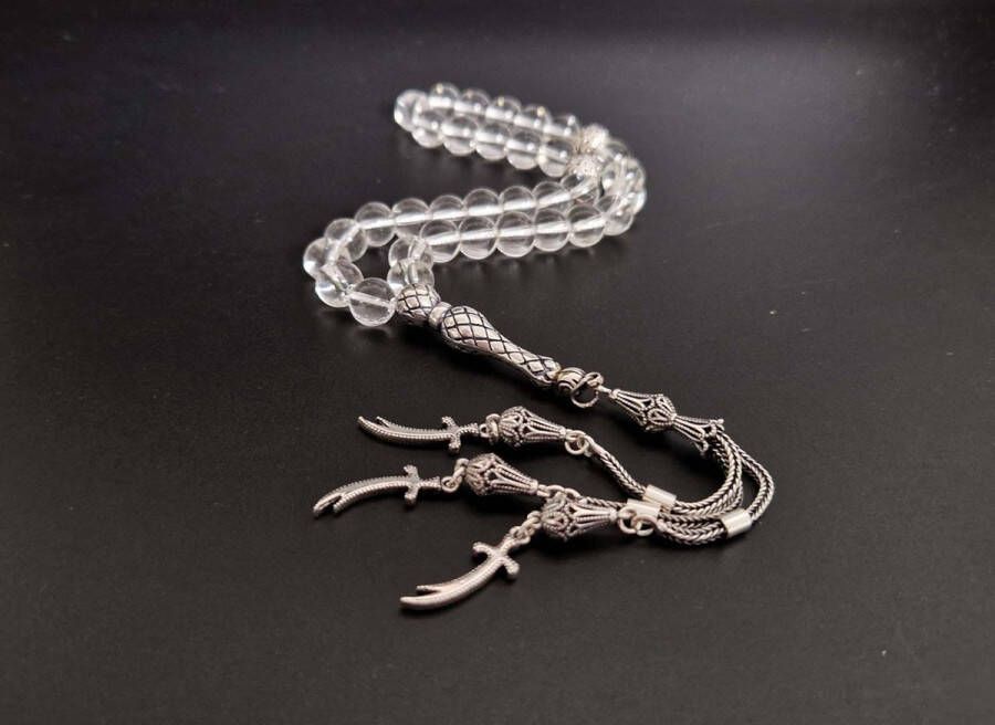 Handgemaakte natuursteen tesbih met Klauw tassel 925 zilver Bergkristal met 925 Zilver Kwastjes Zwaarden Aantal kralen 33 Diameter kralen 8MM