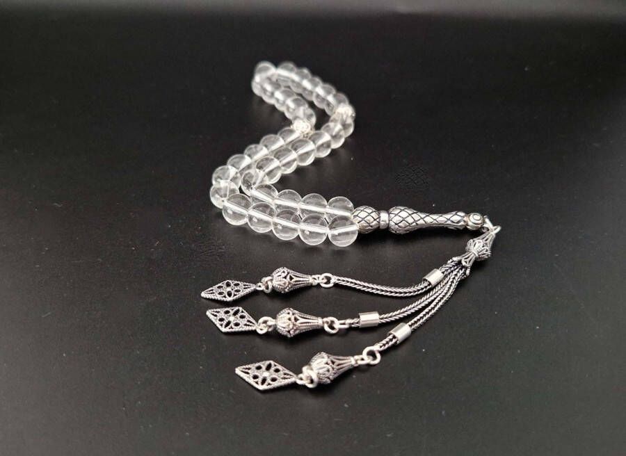 Handgemaakte natuursteen tesbih met Klauw tassel 925 zilver Bergkristal met 925 Zilver Kwastjes Specifieke vorm Aantal kralen 33 Diameter kralen 8MM