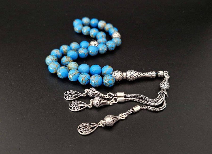Handgemaakte natuursteen tesbih met Klauw tassel 925 zilver Blauw howliet gesponnen goud met 925 Zilver Kwastjes Druppels Aantal kralen 33 Diameter kralen 8MM