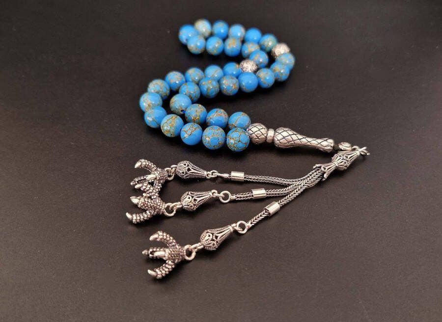 Handgemaakte natuursteen tesbih met Klauw tassel 925 zilver Blauw howliet gesponnen goud met 925 Zilver Kwastjes Klauwen Aantal kralen 33 Diameter kralen 8MM