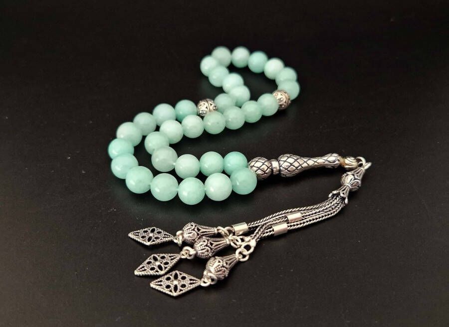 Handgemaakte natuursteen tesbih met Klauw tassel 925 zilver -Blauwe Jade met 925 Zilver Kwastjes Specifieke vorm Aantal kralen 33 Diameter kralen 8MM
