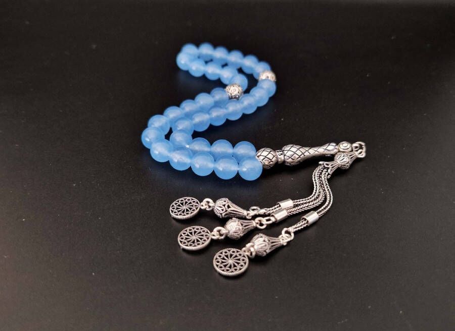 Handgemaakte natuursteen tesbih met Klauw tassel 925 zilver Blauwe Jade met 925 Zilver Kwastjes Cirkels Aantal kralen 33 Diameter kralen 8MM