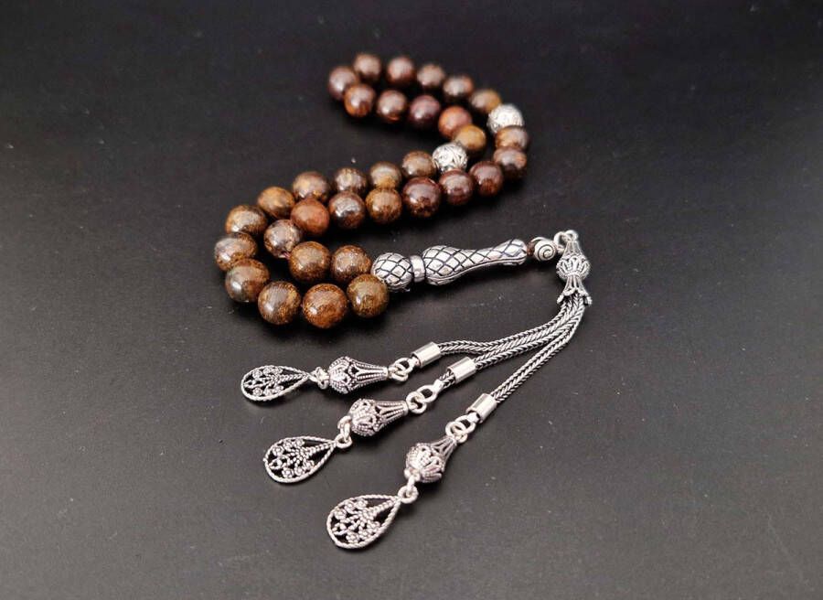 Handgemaakte natuursteen tesbih met Klauw tassel 925 zilver Bronzite met 925 Zilver Kwastjes Druppels Aantal kralen 33 Diameter kralen 8MM