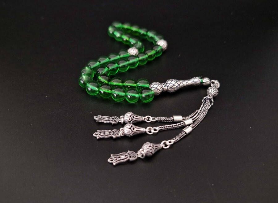 Handgemaakte natuursteen tesbih met Klauw tassel 925 zilver Groene kwartz met 925 Zilver Kwastjes Narcissus steeg Aantal kralen 33 Diameter kralen 8MM
