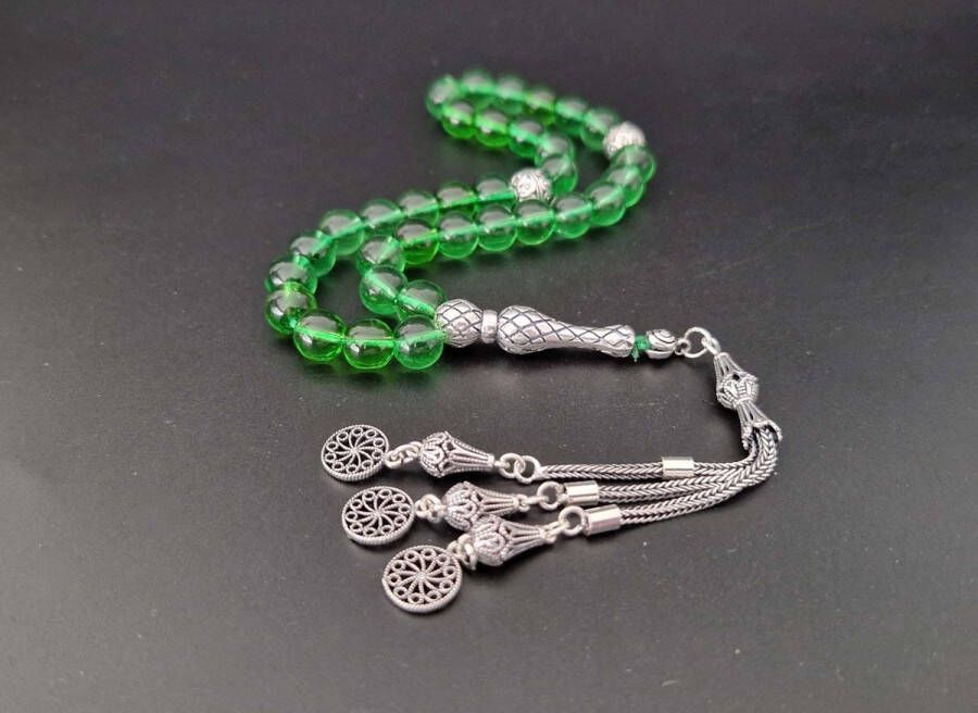 Handgemaakte natuursteen tesbih met Klauw tassel 925 zilver Groene kwartz met 925 Zilver Kwastjes Cirkels Aantal kralen 33 Diameter kralen 8MM