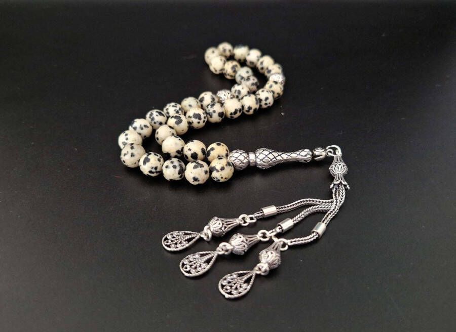 Handgemaakte natuursteen tesbih met Klauw tassel 925 zilver Jasper Dalmatin met 925 Zilver Kwastjes Druppels Aantal kralen 33 Diameter kralen 8MM
