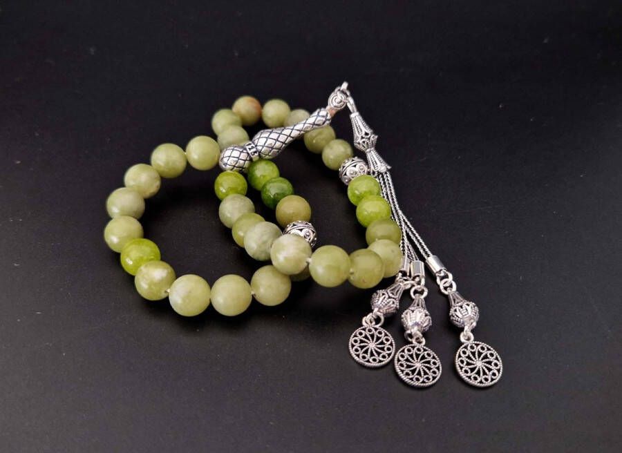 Handgemaakte natuursteen tesbih met Klauw tassel 925 zilver Kraal Koreaanse jade met 925 Zilver Kwastjes Cirkels Aantal kralen 33 Diameter kralen 8MM