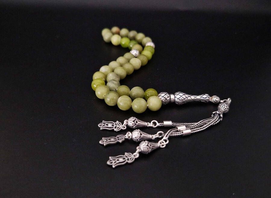 Handgemaakte natuursteen tesbih met Klauw tassel 925 zilver Kraal Koreaanse jade met 925 Zilver Kwastjes Narcissus steeg Aantal kralen 33 Diameter kralen 8MM