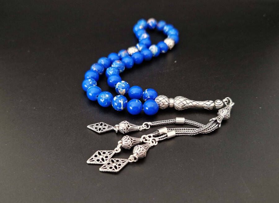 Handgemaakte natuursteen tesbih met Klauw tassel 925 zilver -Lapis Lazuli met 925 Zilver Kwastjes Specifieke vorm Aantal kralen 33 Diameter kralen 8MM