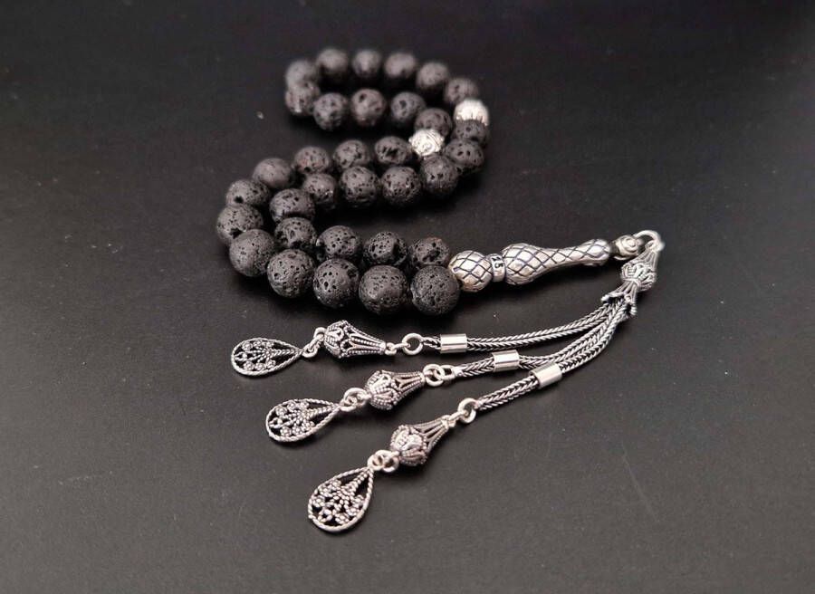 Handgemaakte natuursteen tesbih met Klauw tassel 925 zilver Lava Donker met 925 Zilver Kwastjes Druppels Aantal kralen 33 Diameter kralen 8MM
