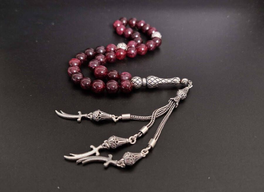 Handgemaakte natuursteen tesbih met Klauw tassel 925 zilver Lepidolite met 925 Zilver Kwastjes Zwaarden Aantal kralen 33 Diameter kralen 8MM