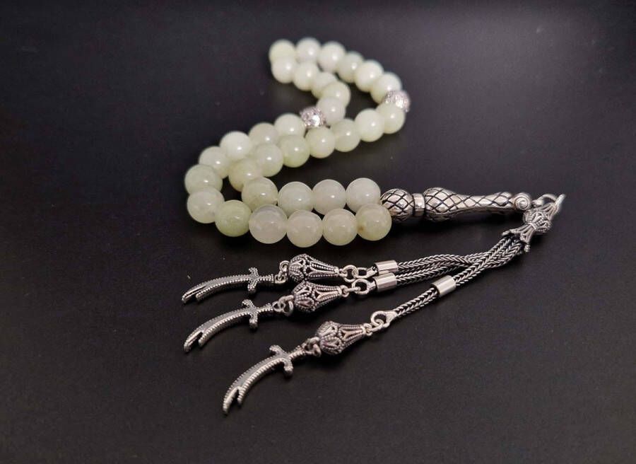 Handgemaakte natuursteen tesbih met Klauw tassel 925 zilver Maan licht met 925 Zilver Kwastjes Zwaarden Aantal kralen 33 Diameter kralen 8MM