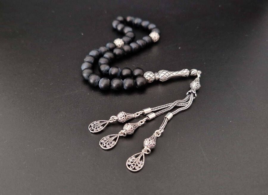 Handgemaakte natuursteen tesbih met Klauw tassel 925 zilver Mat zwart onyx met 925 Zilver Kwastjes Druppels Aantal kralen 33 Diameter kralen 8MM