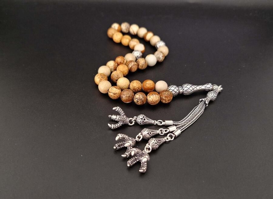 Handgemaakte natuursteen tesbih met Klauw tassel 925 zilver -Picture Jasper met 925 Zilver Kwastjes Klauwen Aantal kralen 33 Diameter kralen 8MM