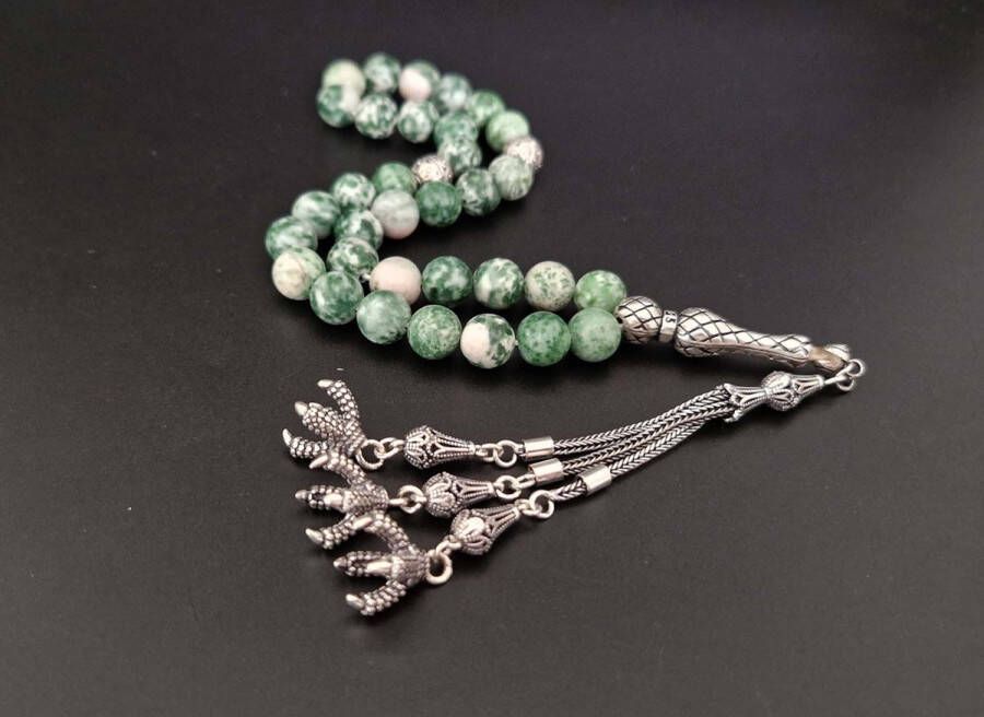 Handgemaakte natuursteen tesbih met Klauw tassel 925 zilver Qinghai hade met 925 Zilver Kwastjes Klauwen Aantal kralen 33 Diameter kralen 8MM