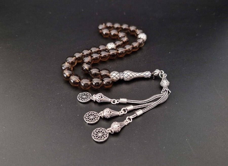 Handgemaakte natuursteen tesbih met Klauw tassel 925 zilver Rookkwarts met 925 Zilver Kwastjes Cirkels Aantal kralen 33 Diameter kralen 8MM