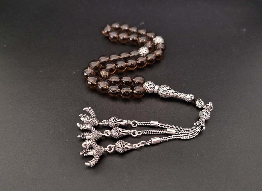 Handgemaakte natuursteen tesbih met Klauw tassel 925 zilver Rookkwarts met 925 Zilver Kwastjes Klauwen Aantal kralen 33 Diameter kralen 8MM