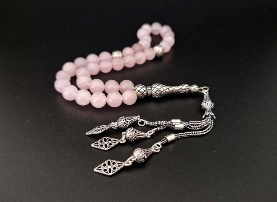 Handgemaakte natuursteen tesbih met Klauw tassel 925 zilver -Roze kwartz met 925 Zilver Kwastjes Specifieke vorm Aantal kralen 33 Diameter kralen 8MM
