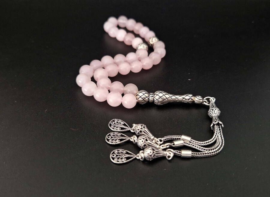 Handgemaakte natuursteen tesbih met Klauw tassel 925 zilver Roze kwartz met 925 Zilver Kwastjes Druppels Aantal kralen 33 Diameter kralen 8MM
