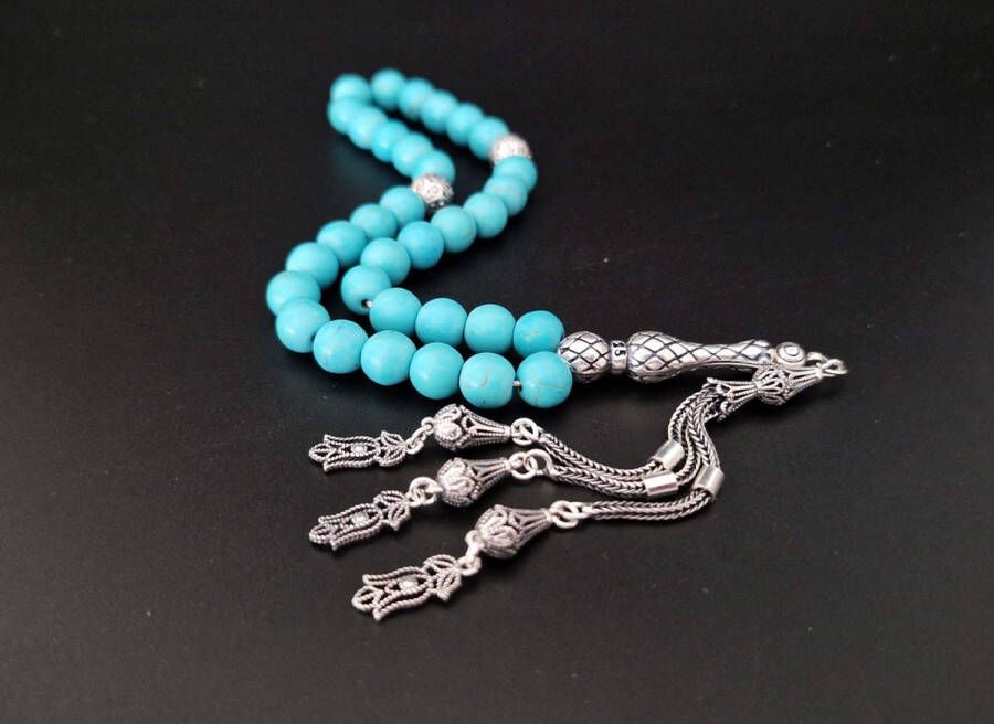 Handgemaakte natuursteen tesbih met Klauw tassel 925 zilver Turkoois met 925 Zilver Kwastjes Narcissus steeg Aantal kralen 33 Diameter kralen 8MM