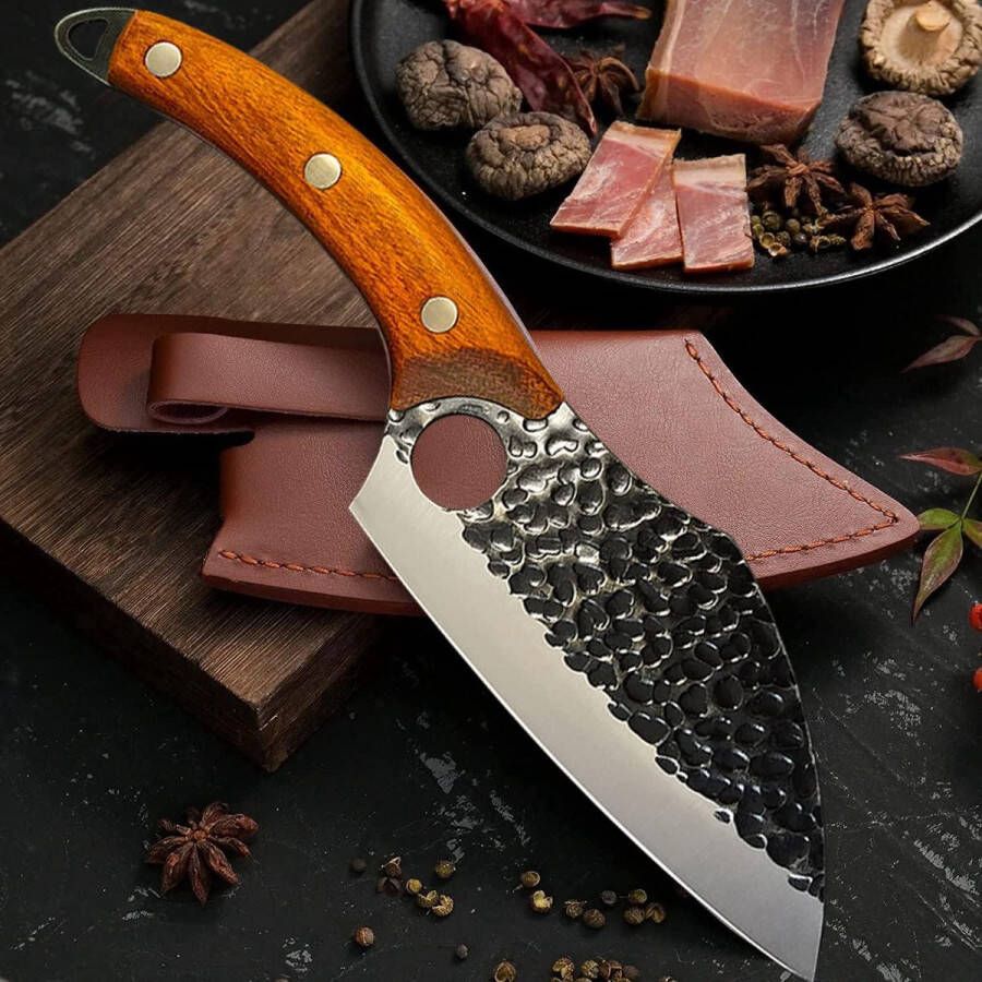 Handgemaakte professioneel koksmes koolstofstaal lemmet ergonomisch houten handvat lederen schede camping BBQ